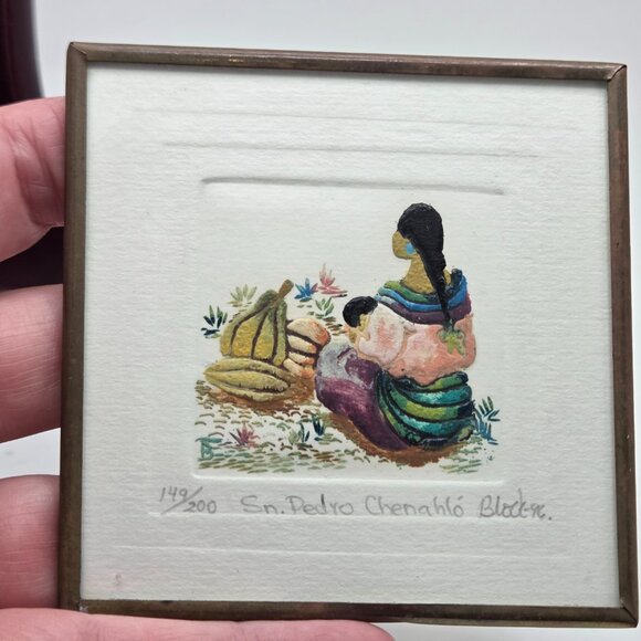 Vintage Original Indigenous Art Scene Mother Child Signed Numbered Matted Framed - Picture 8 of 9